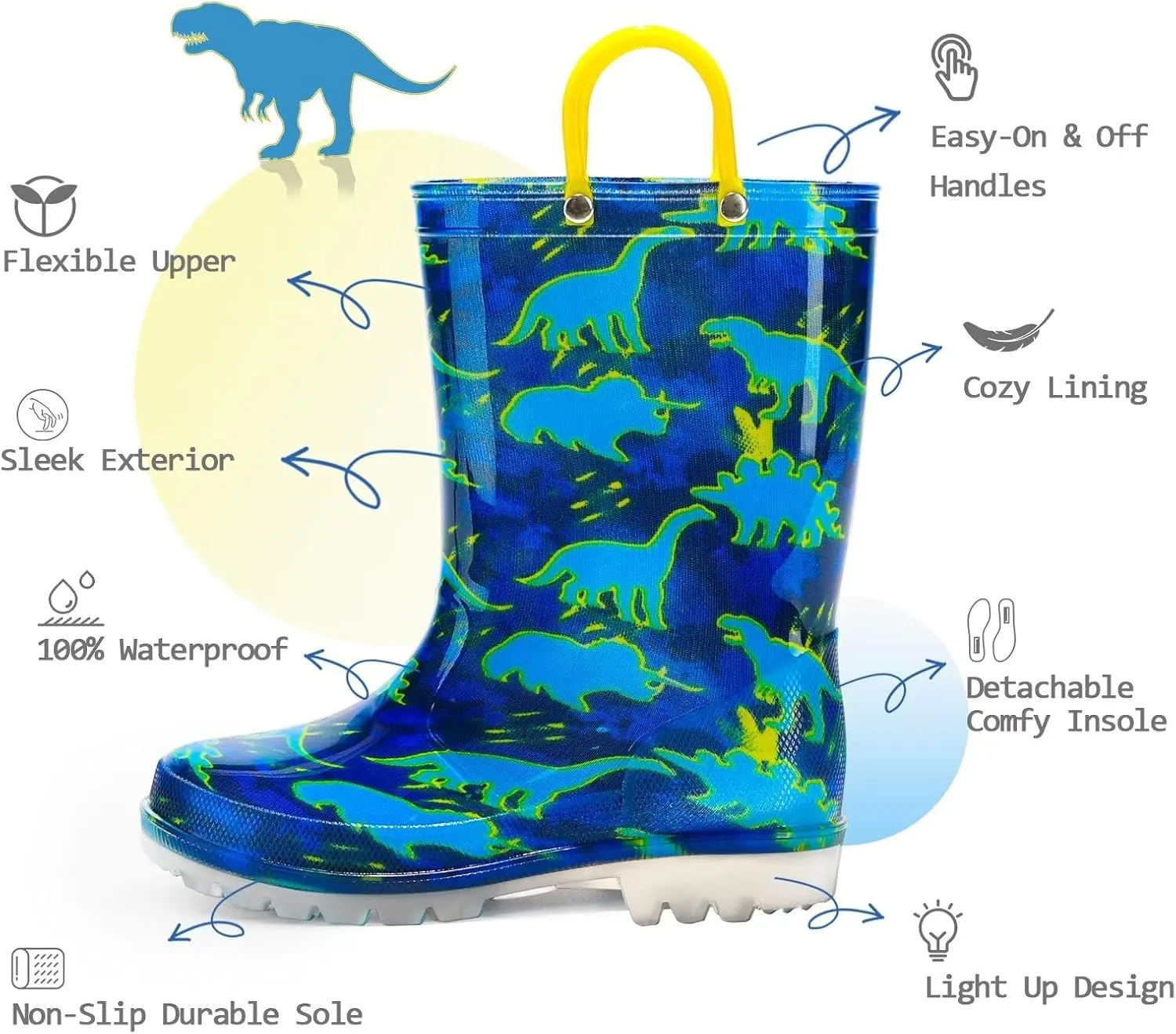 EUXTERPA Kids Toddler Light Up Rain Boots Boys Waterproof Patterns and Glitter Boots with Easy On Handles