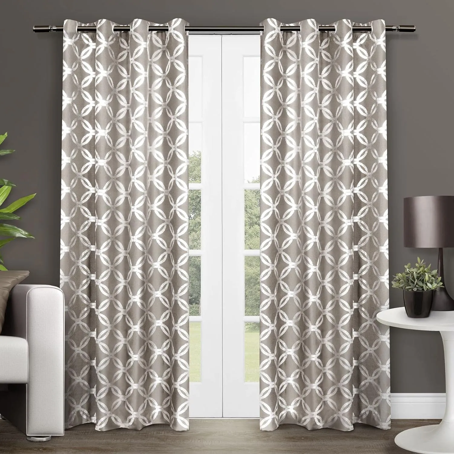 EXCLUSIVE HOME Modo Metallic Geometric Grommet Top Curtain Panel Pair, 54"x84", Natural