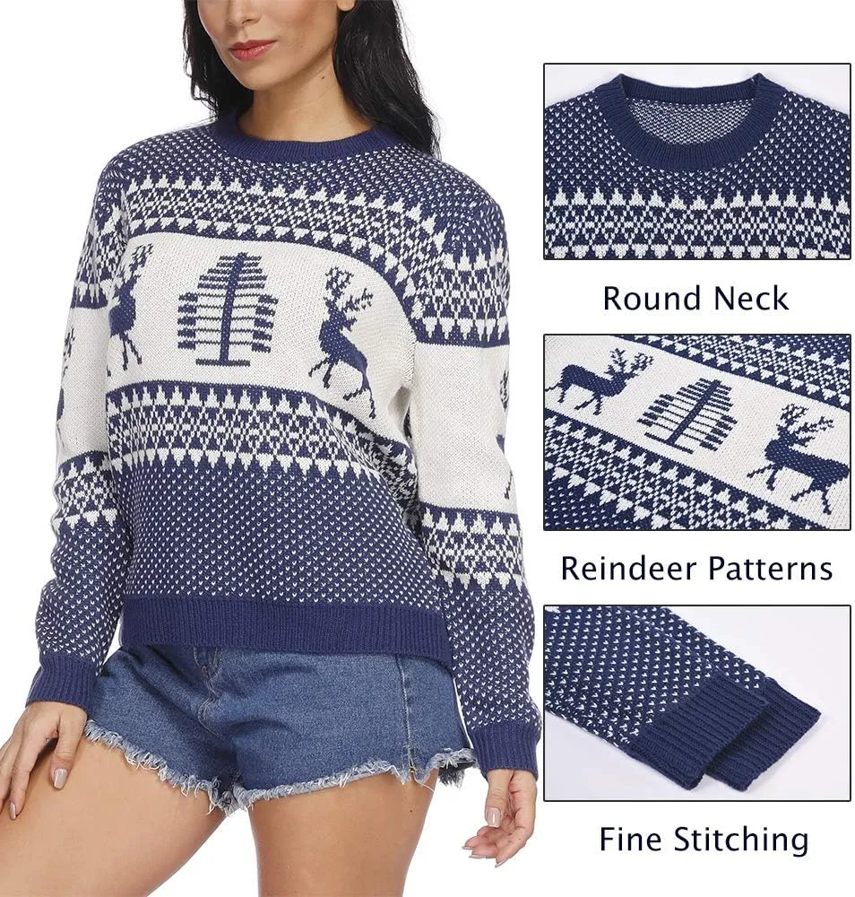 EXLURA Patterns Reindeer Ugly Christmas Sweater Jumper Pullover Tops