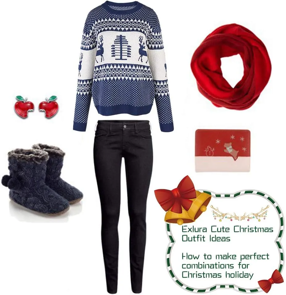 EXLURA Patterns Reindeer Ugly Christmas Sweater Jumper Pullover Tops