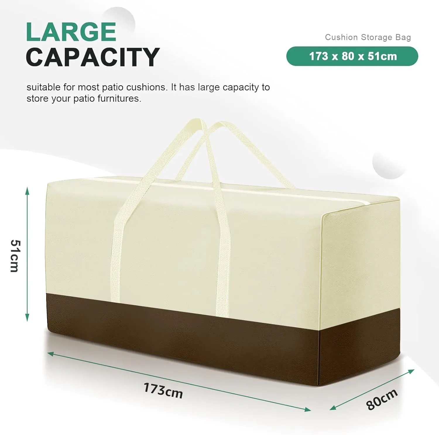 Extra Large Patio Outdoor Waterproof Cushion Storage Bag, Outdoor Cushion Furniture Storage Bag with Handles and Zippered 68 x 30 x 20 Inch, Beige