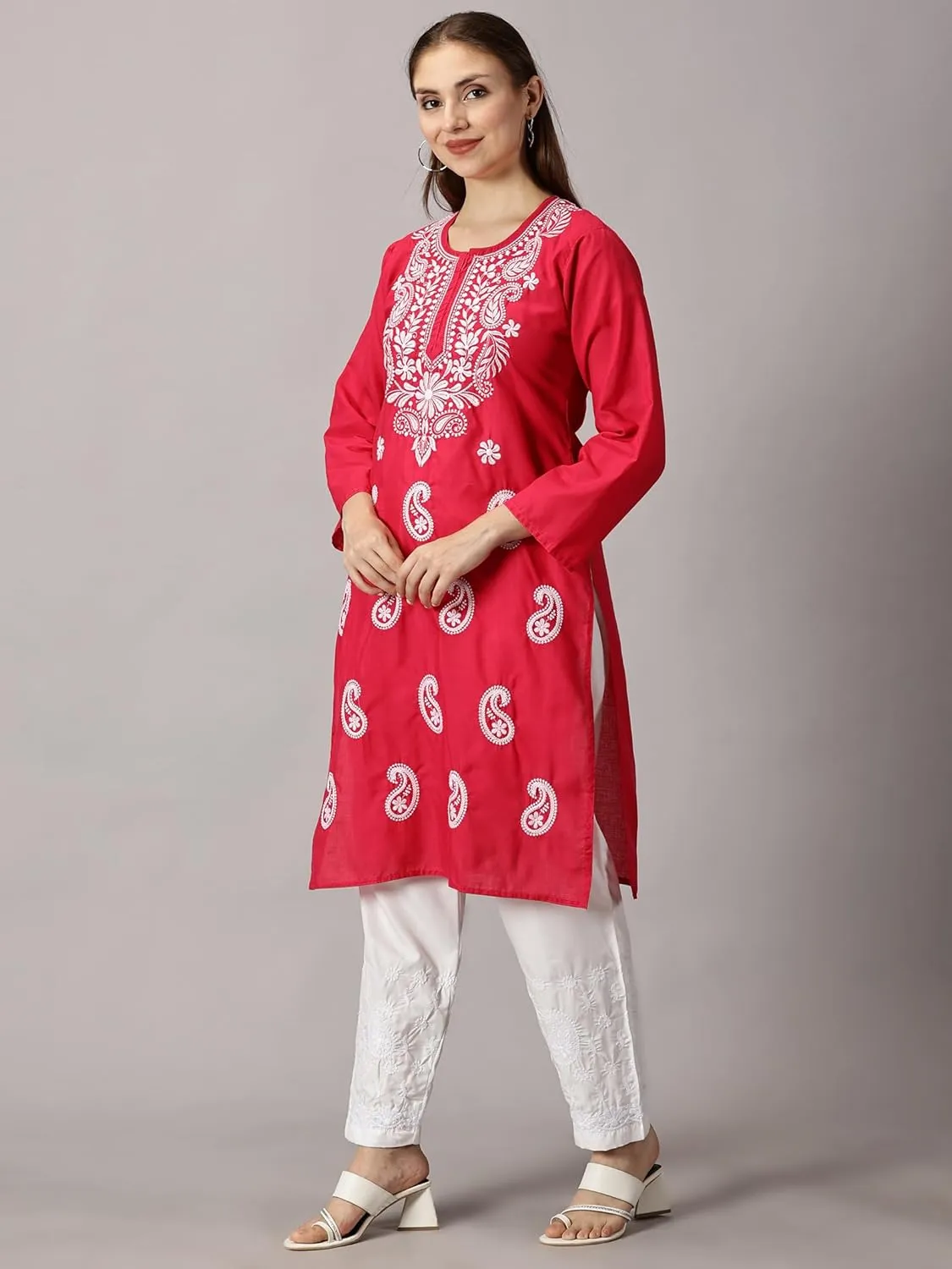 FCH, Fashionable Chikan Handikraft Elegant Cotton Chikankari Embroidered Kurti for Women