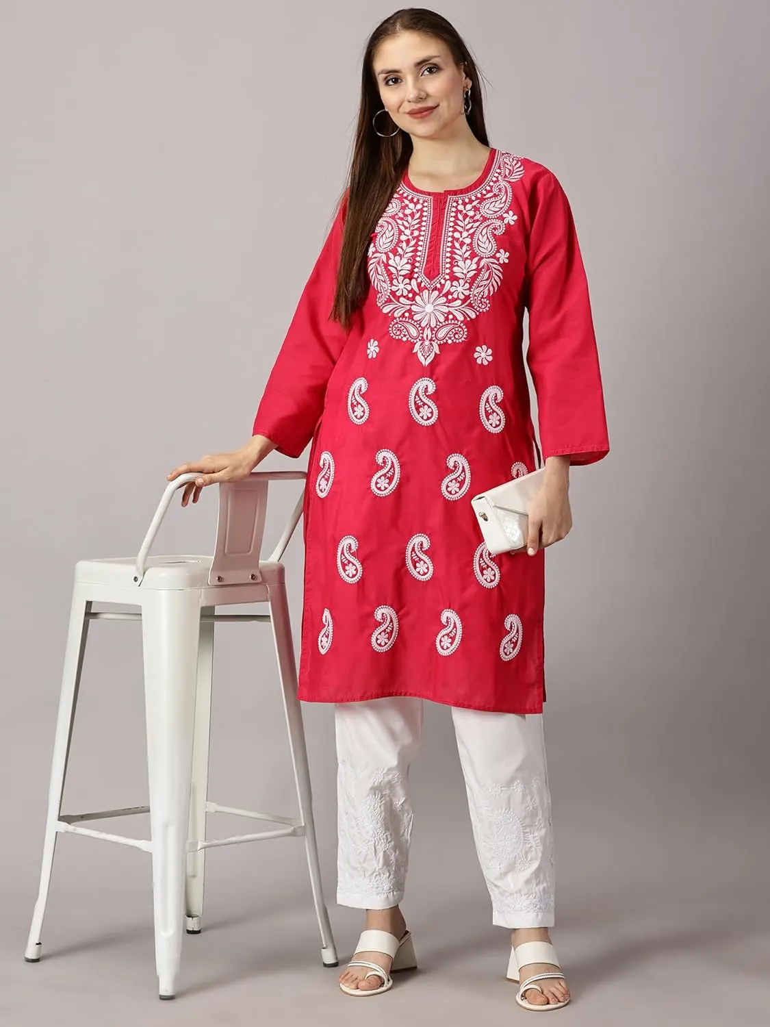 FCH, Fashionable Chikan Handikraft Elegant Cotton Chikankari Embroidered Kurti for Women
