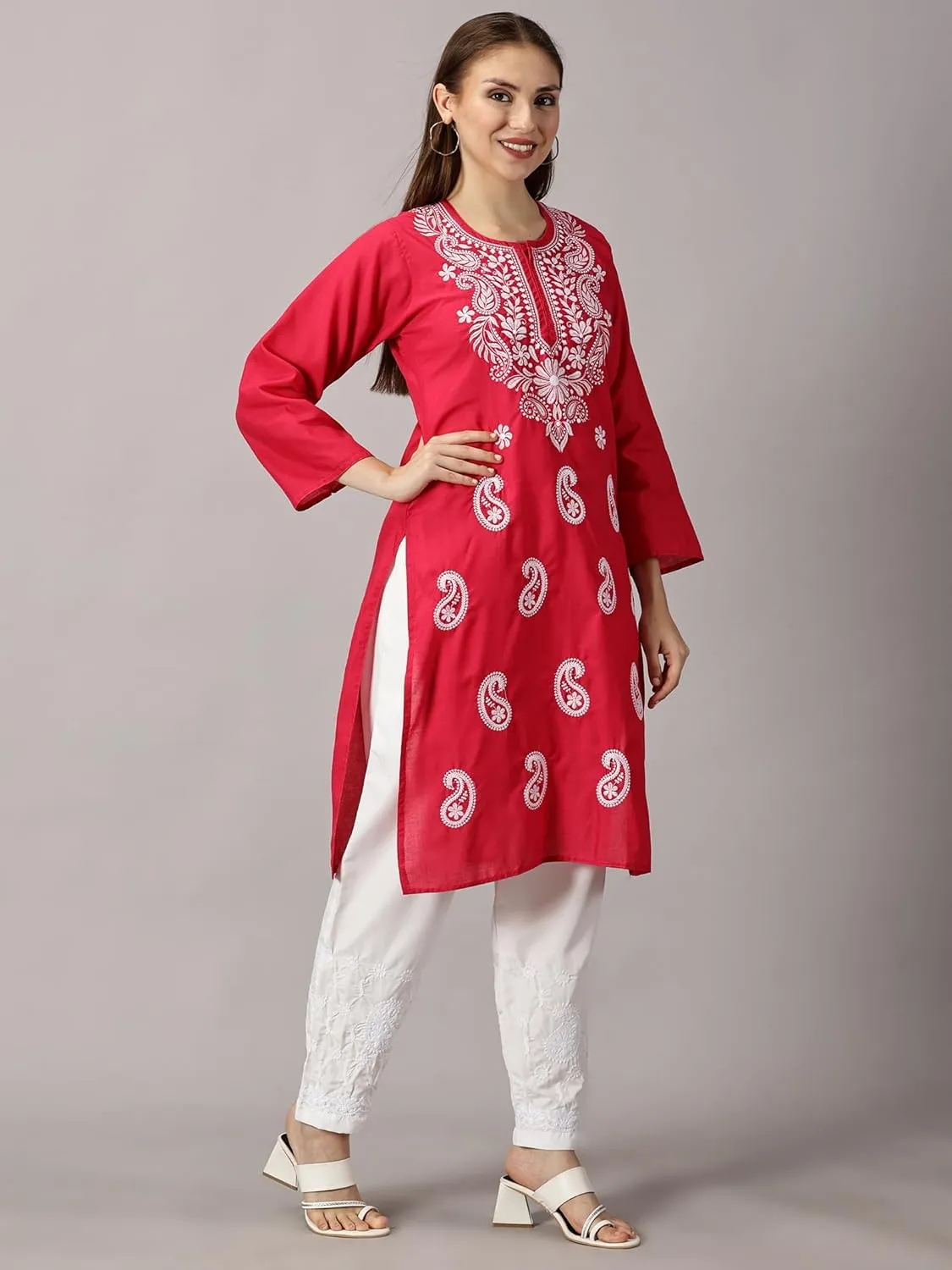 FCH, Fashionable Chikan Handikraft Elegant Cotton Chikankari Embroidered Kurti for Women