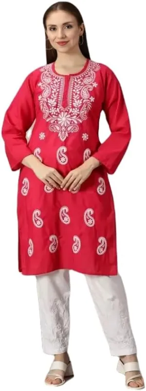 FCH, Fashionable Chikan Handikraft Women's Pure Cotton Computerized Embroidred Kurti (US, Alpha, X-Large, Regular, Regular, Pink)