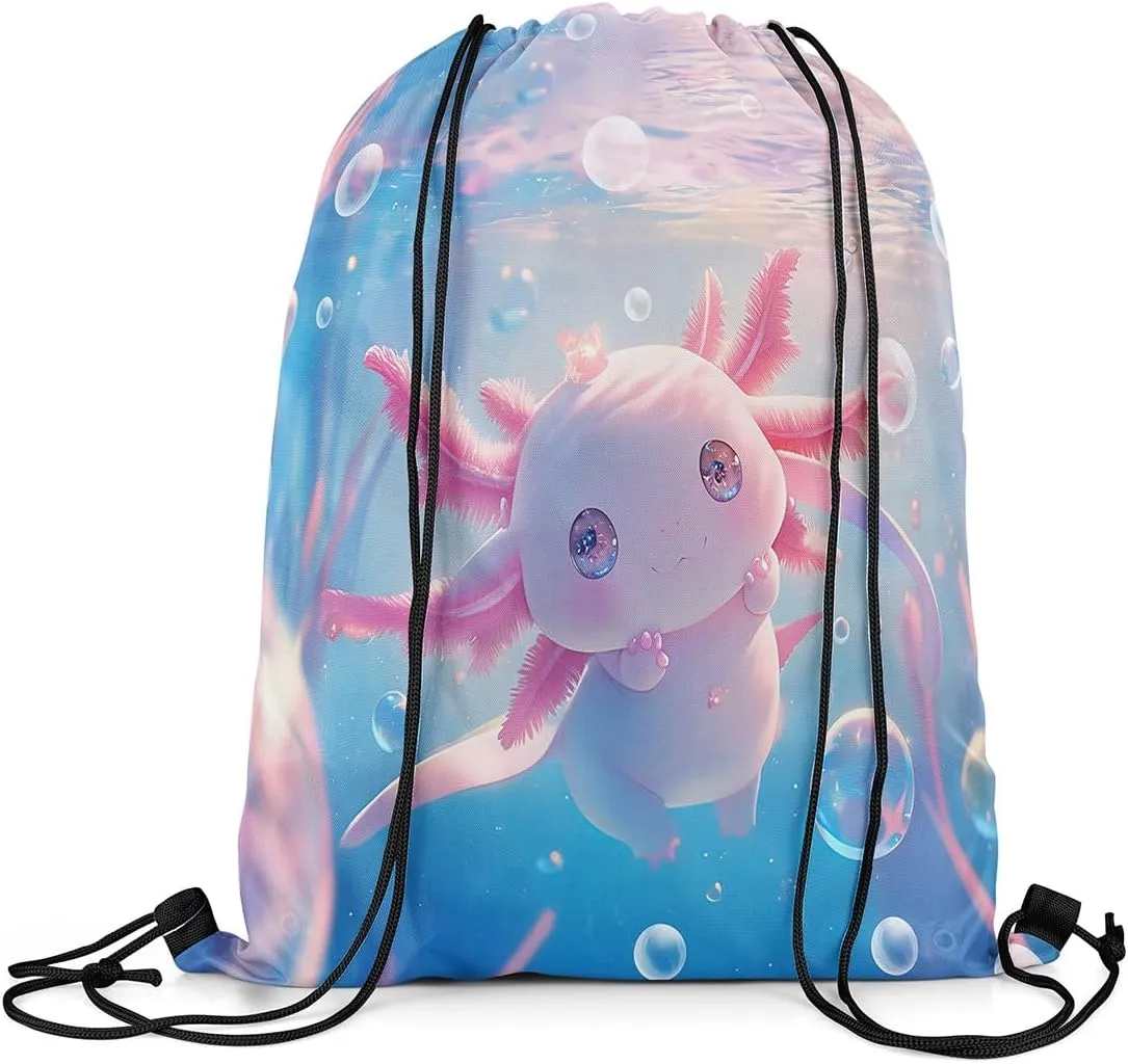 Feelyou Cartoon Salamander Gym String Bag 13"x15.7" Cute Axolotl Drawstring Backpack for Decor Ocean Sealife Drawstring Bags Animal Waterproof Cinch Bag