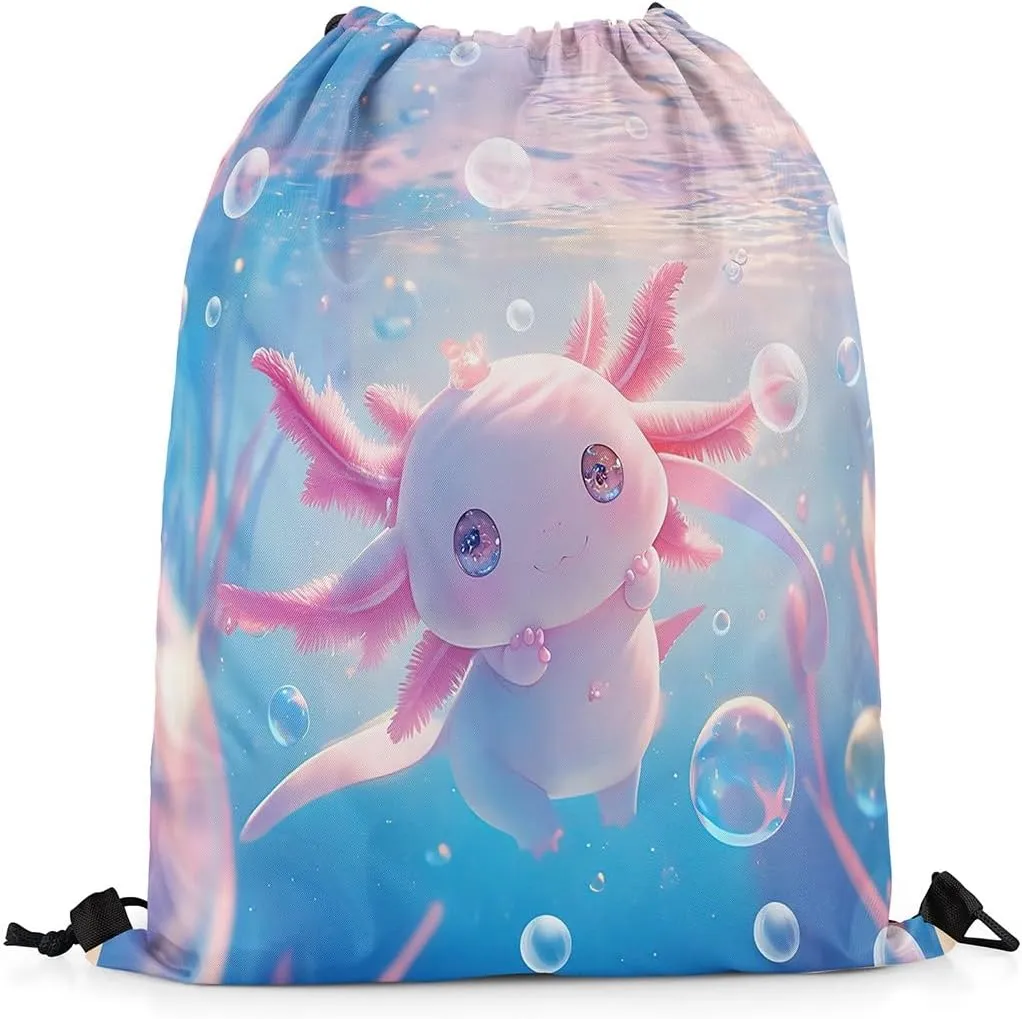 Feelyou Cartoon Salamander Gym String Bag 13"x15.7" Cute Axolotl Drawstring Backpack for Decor Ocean Sealife Drawstring Bags Animal Waterproof Cinch Bag