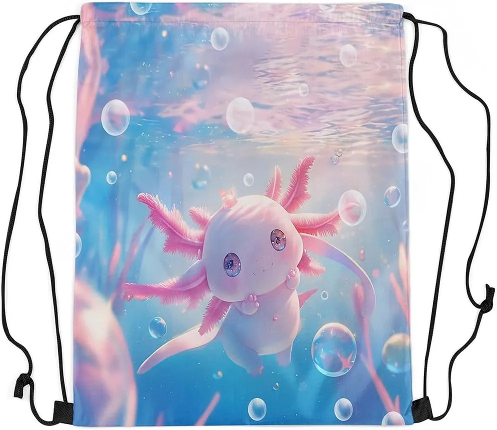 Feelyou Cartoon Salamander Gym String Bag 13"x15.7" Cute Axolotl Drawstring Backpack for Decor Ocean Sealife Drawstring Bags Animal Waterproof Cinch Bag