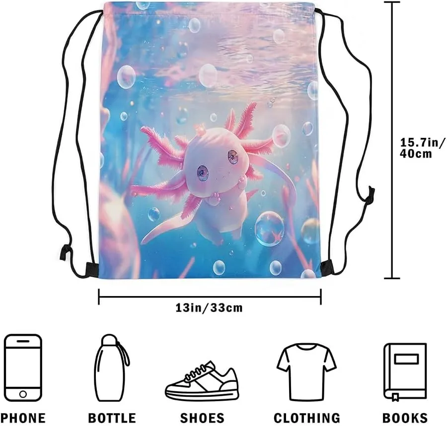 Feelyou Cartoon Salamander Gym String Bag 13"x15.7" Cute Axolotl Drawstring Backpack for Decor Ocean Sealife Drawstring Bags Animal Waterproof Cinch Bag