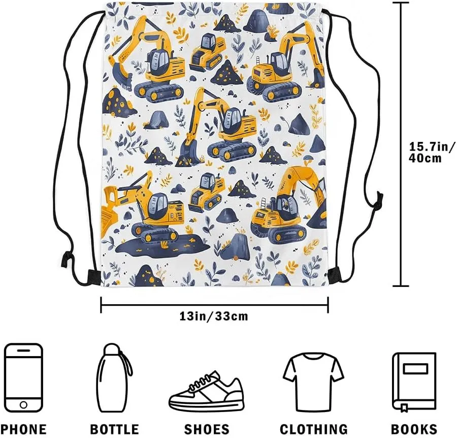 Feelyou Construction Drawstring Backpack Truck Gym String Bag Set Under Construction Vehicles Sports Drawstring Sackpack Cartoon Machinery Excavator Drawstring Bags