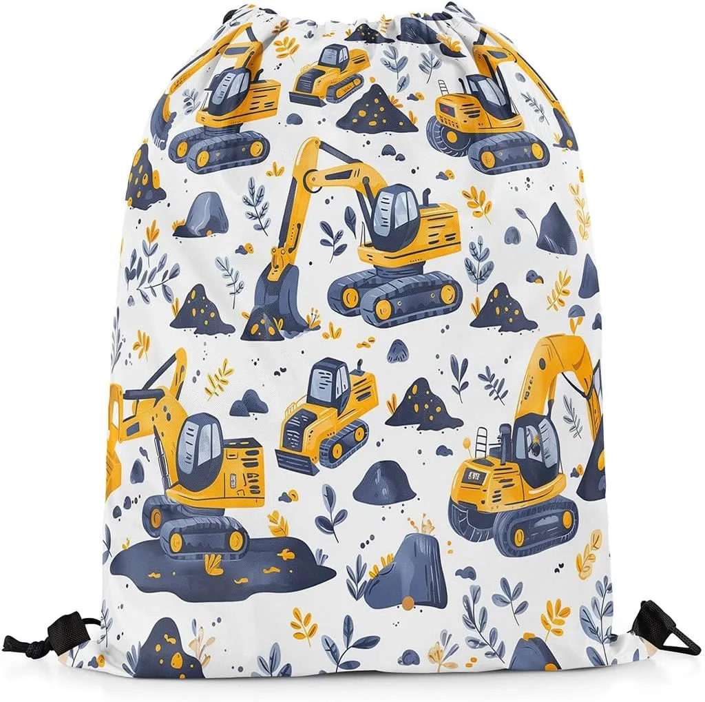 Feelyou Construction Drawstring Backpack Truck Gym String Bag Set Under Construction Vehicles Sports Drawstring Sackpack Cartoon Machinery Excavator Drawstring Bags