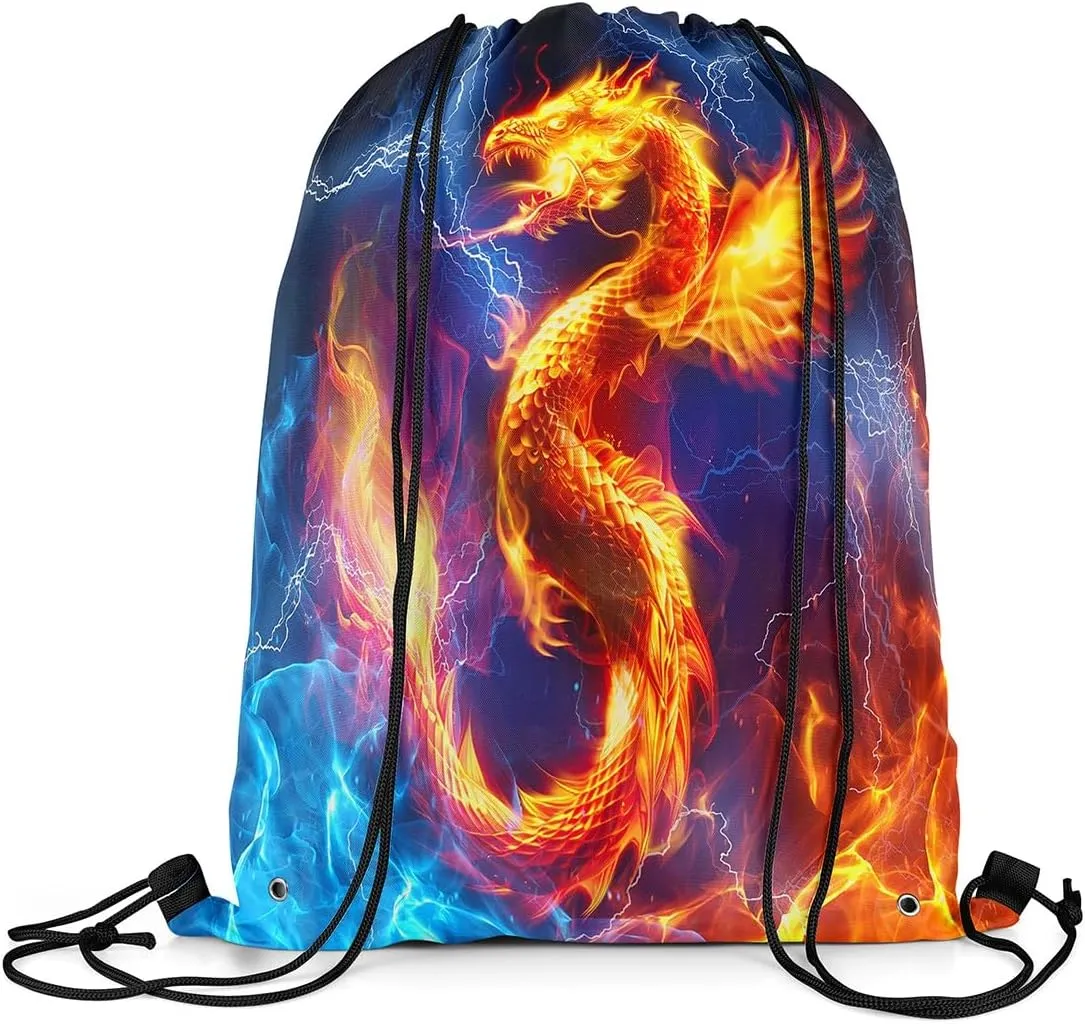 Feelyou Dragon Gym String Bag 13"x15.7" Fire Dragon Drawstring Backpack Lightning Dragon Wild Animal Sports Drawstring Sackpack Safari Theme Yellow Blue Waterproof Drawstring Bags