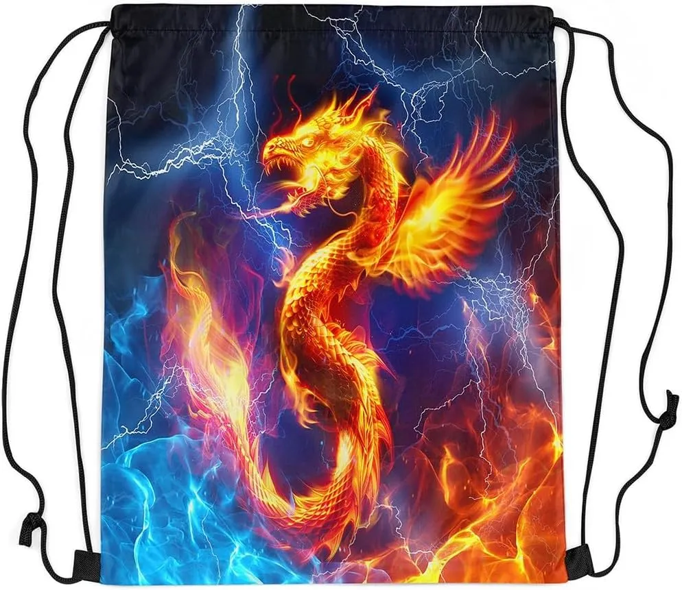 Feelyou Dragon Gym String Bag 13"x15.7" Fire Dragon Drawstring Backpack Lightning Dragon Wild Animal Sports Drawstring Sackpack Safari Theme Yellow Blue Waterproof Drawstring Bags