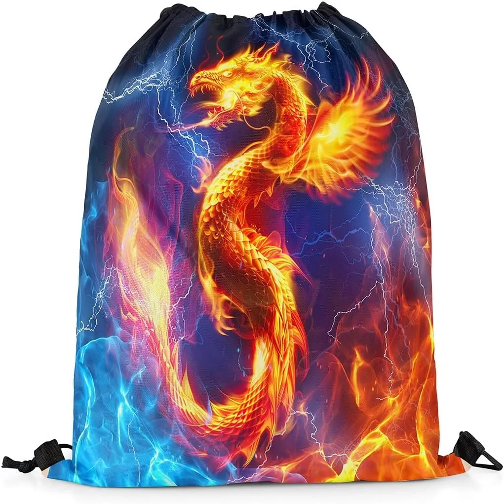 Feelyou Dragon Gym String Bag 13"x15.7" Fire Dragon Drawstring Backpack Lightning Dragon Wild Animal Sports Drawstring Sackpack Safari Theme Yellow Blue Waterproof Drawstring Bags