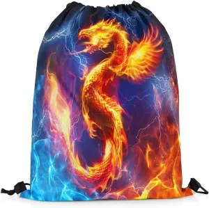 Feelyou Dragon Gym String Bag 13"x15.7" Fire Dragon Drawstring Backpack Lightning Dragon Wild Animal Sports Drawstring Sackpack Safari Theme Yellow Blue Waterproof Drawstring Bags