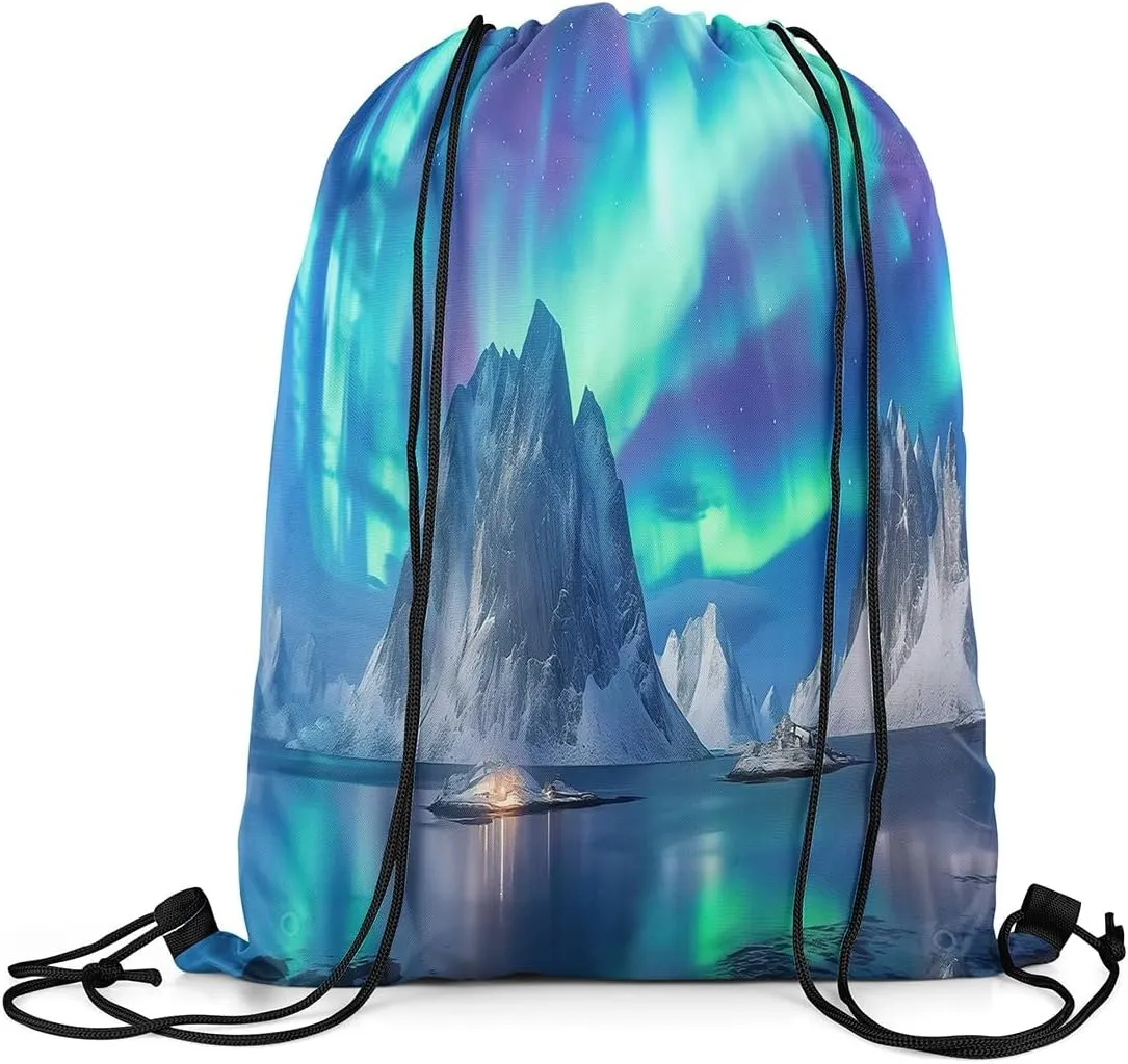 Feelyou Polar Lights Drawstring Backpack 13"x15.7" Aurora Sports Drawstring Sackpack for Nature Drawstring Bags Women Men Mountain Waterproof Cinch Bag