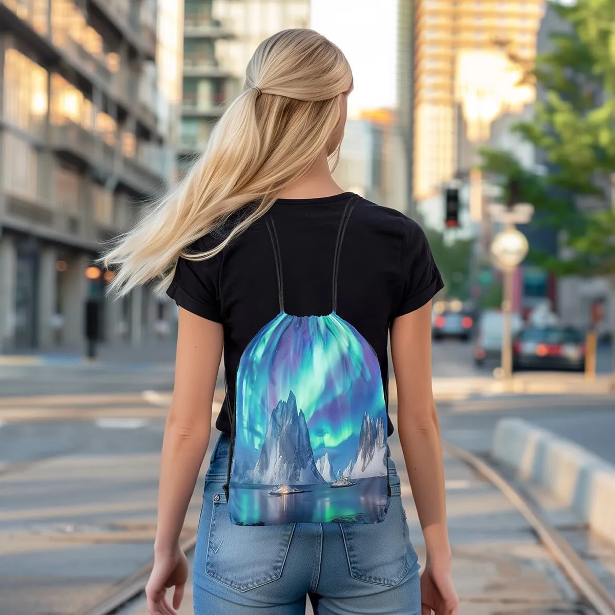 Feelyou Polar Lights Drawstring Backpack 13"x15.7" Aurora Sports Drawstring Sackpack for Nature Drawstring Bags Women Men Mountain Waterproof Cinch Bag