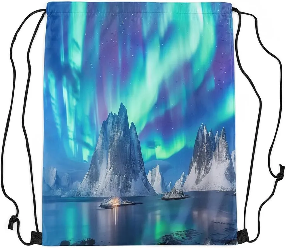 Feelyou Polar Lights Drawstring Backpack 13"x15.7" Aurora Sports Drawstring Sackpack for Nature Drawstring Bags Women Men Mountain Waterproof Cinch Bag
