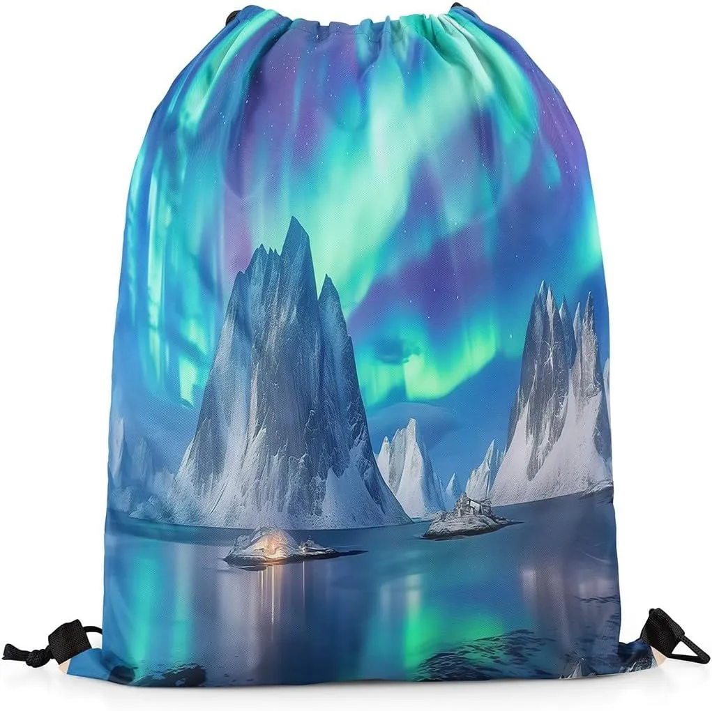 Feelyou Polar Lights Drawstring Backpack 13"x15.7" Aurora Sports Drawstring Sackpack for Nature Drawstring Bags Women Men Mountain Waterproof Cinch Bag