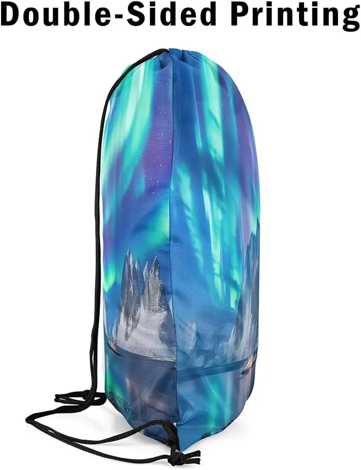Feelyou Polar Lights Drawstring Backpack 13"x15.7" Aurora Sports Drawstring Sackpack for Nature Drawstring Bags Women Men Mountain Waterproof Cinch Bag