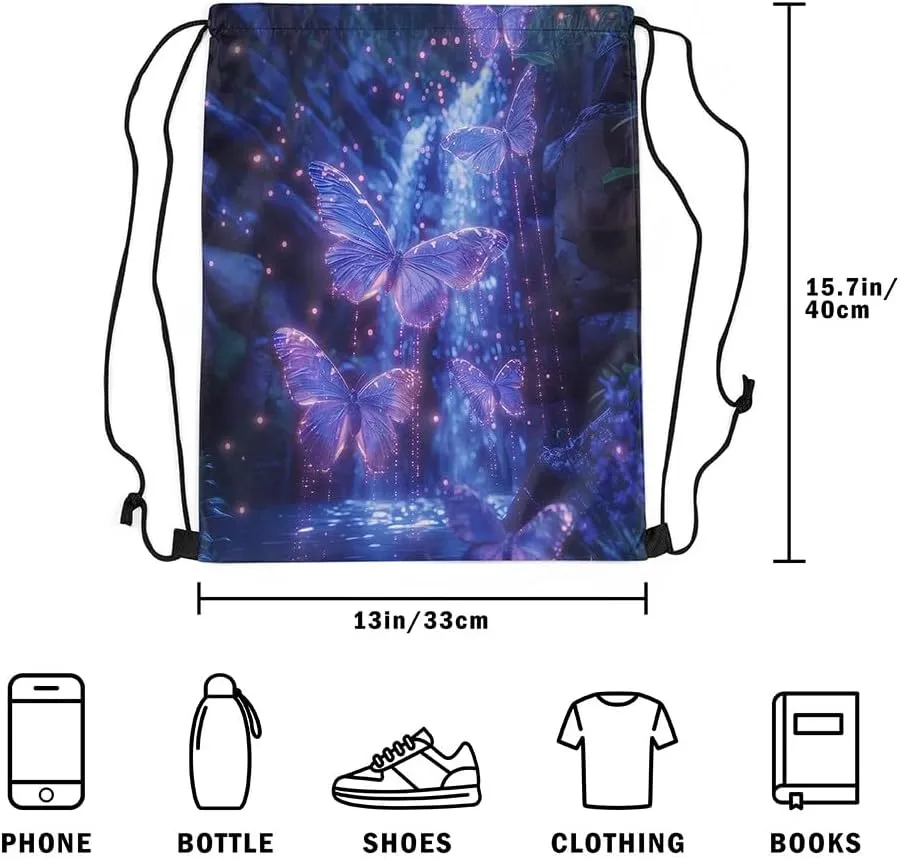 Feelyou Purple Butterfly Drawstring Backpack Nature Waterfall Gym String Bag Set Aesthetics Butterflies Sports Drawstring Sackpack Butterfly Drawstring Bags