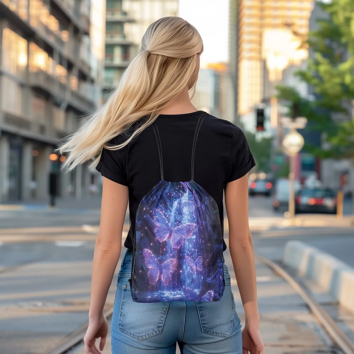 Feelyou Purple Butterfly Drawstring Backpack Nature Waterfall Gym String Bag Set Aesthetics Butterflies Sports Drawstring Sackpack Butterfly Drawstring Bags