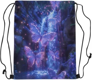 Feelyou Purple Butterfly Drawstring Backpack Nature Waterfall Gym String Bag Set Aesthetics Butterflies Sports Drawstring Sackpack Butterfly Drawstring Bags