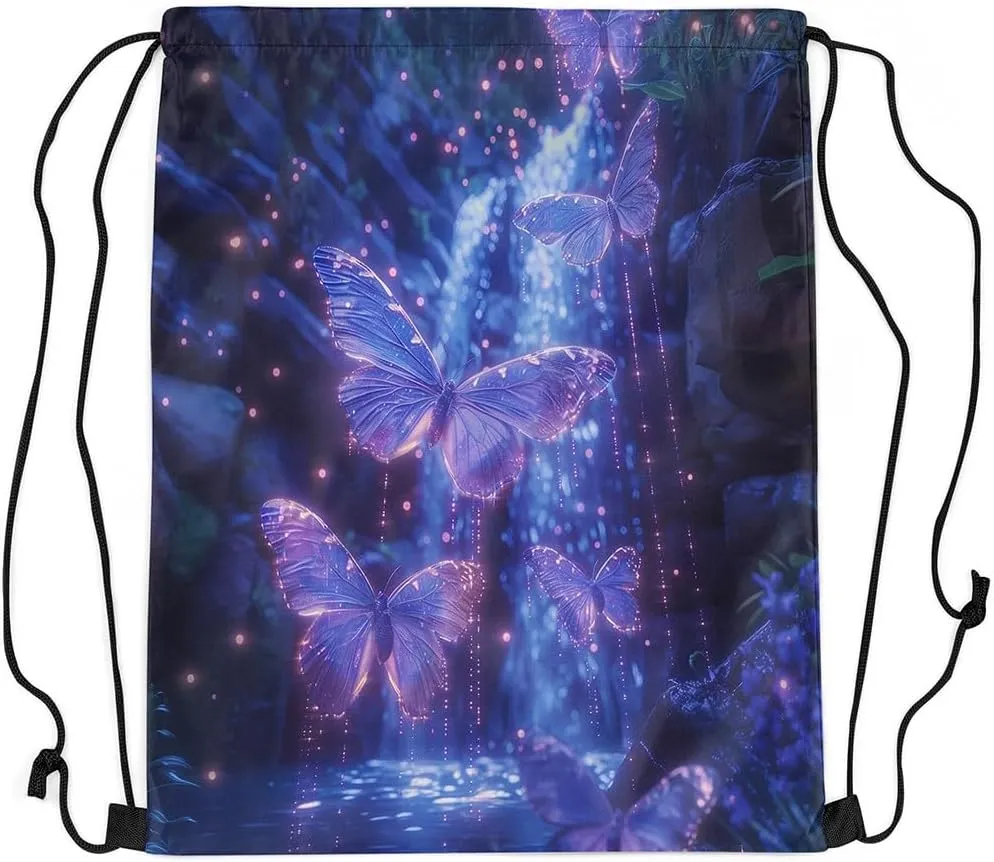 Feelyou Purple Butterfly Drawstring Backpack Nature Waterfall Gym String Bag Set Aesthetics Butterflies Sports Drawstring Sackpack Butterfly Drawstring Bags