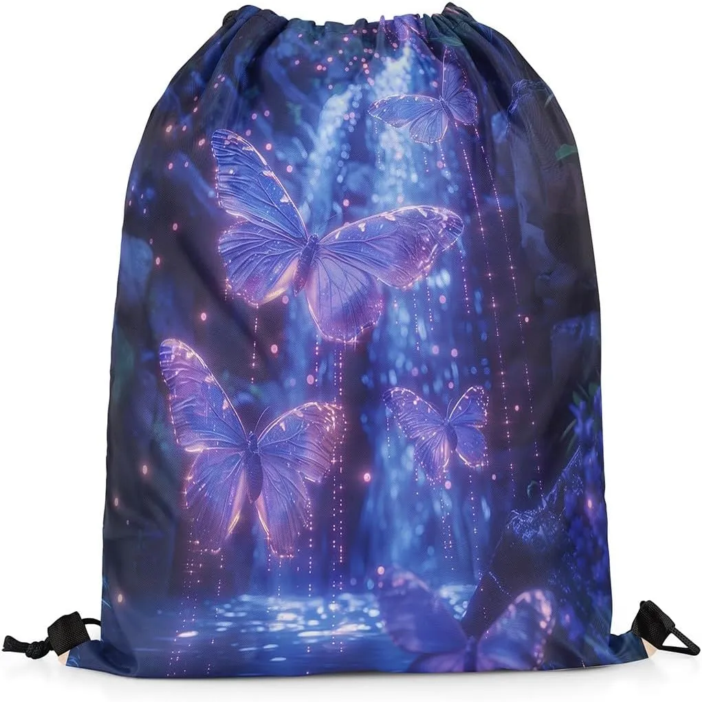 Feelyou Purple Butterfly Drawstring Backpack Nature Waterfall Gym String Bag Set Aesthetics Butterflies Sports Drawstring Sackpack Butterfly Drawstring Bags