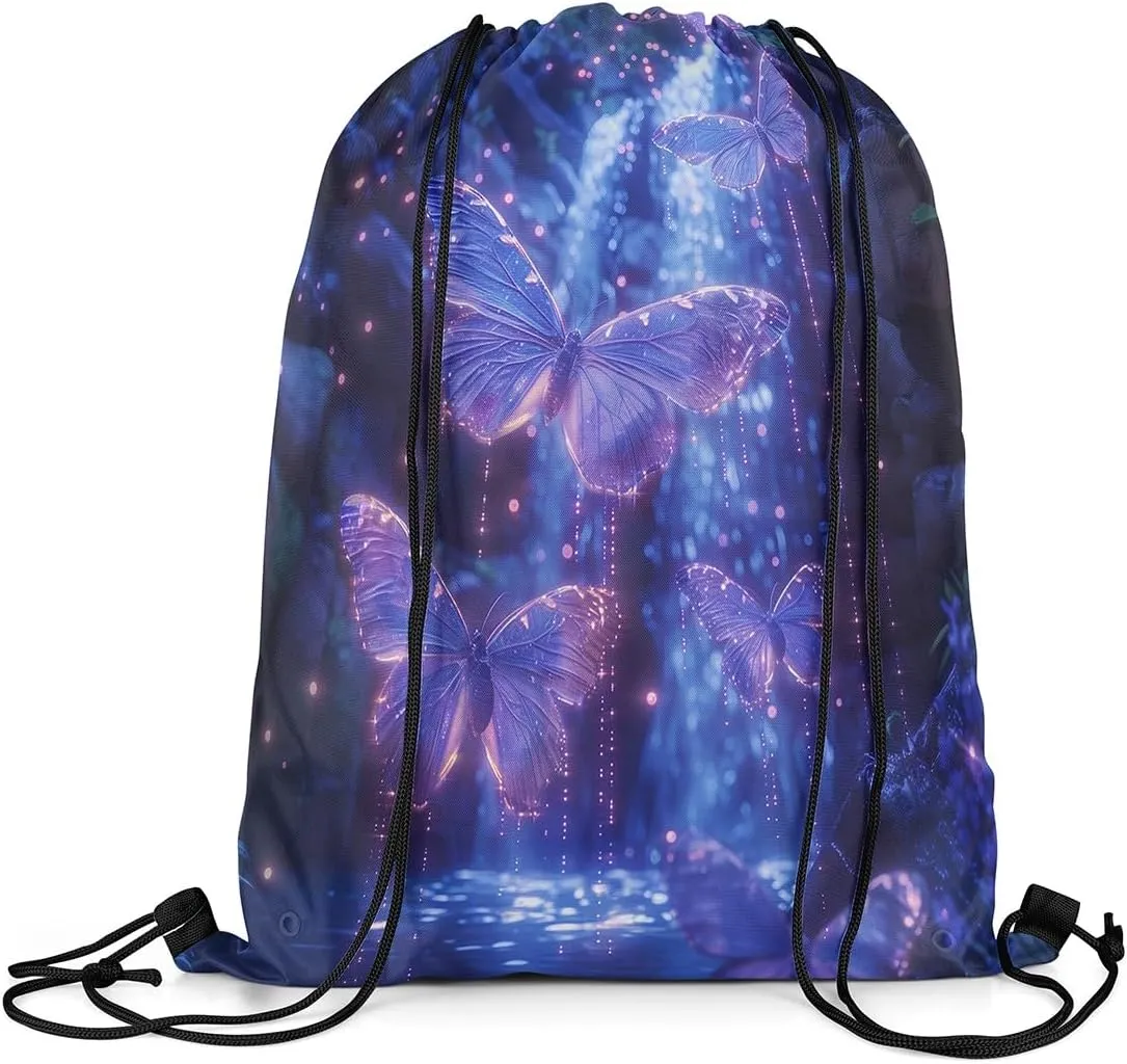 Feelyou Purple Butterfly Drawstring Backpack Nature Waterfall Gym String Bag Set Aesthetics Butterflies Sports Drawstring Sackpack Butterfly Drawstring Bags