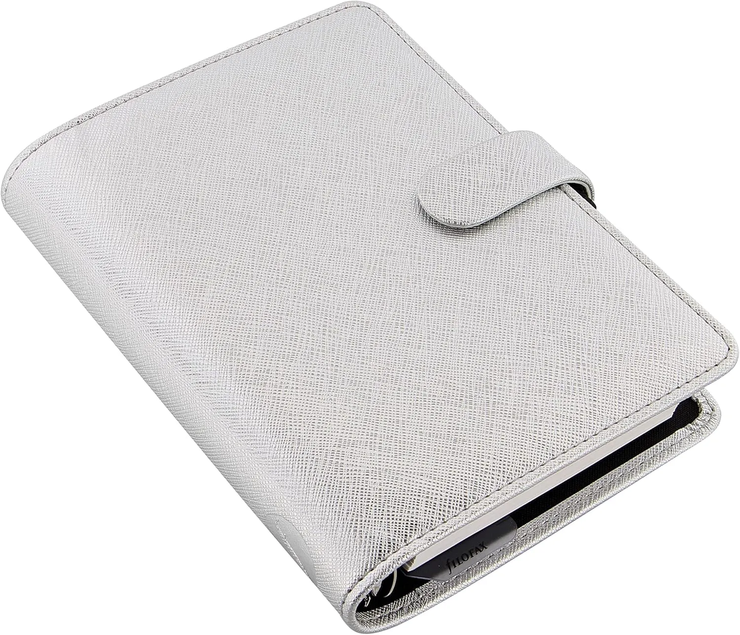 Filofax Saffiano Metallic Organizer, Personal Size, Silver - Cross-Grain, Leather-Look, Bright Metallic Finish, Six Rings, Week-to-View Calendar Diary, Multilingual, 2025 (C028754-25)