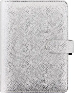Filofax Saffiano Metallic Organizer, Personal Size, Silver - Cross-Grain, Leather-Look, Bright Metallic Finish, Six Rings, Week-to-View Calendar Diary, Multilingual, 2025 (C028754-25)
