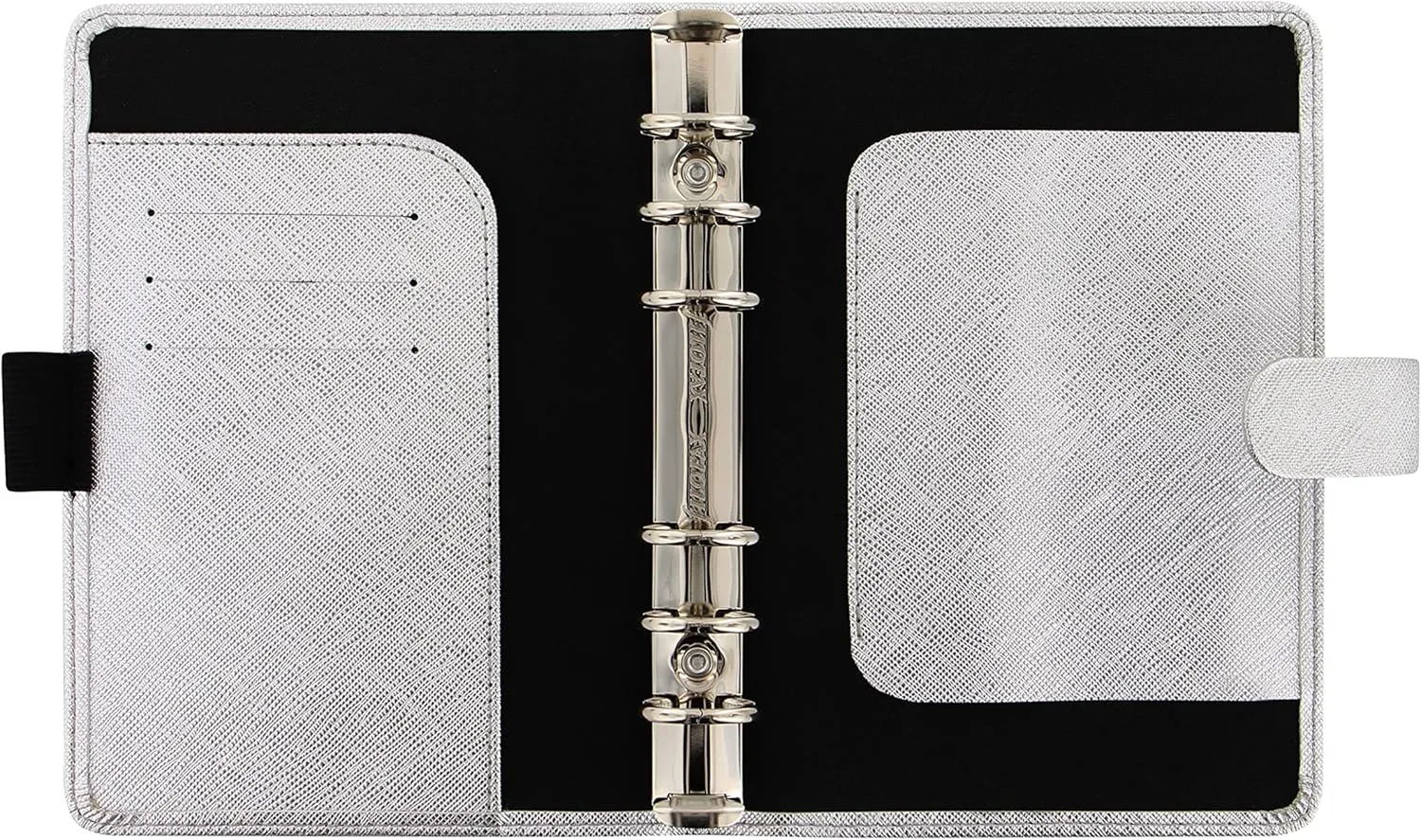 Filofax Saffiano Metallic Organizer, Personal Size, Silver - Cross-Grain, Leather-Look, Bright Metallic Finish, Six Rings, Week-to-View Calendar Diary, Multilingual, 2025 (C028754-25)