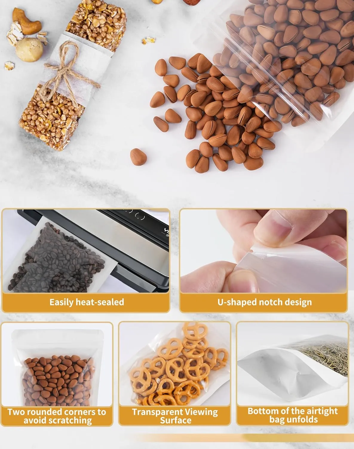 FireKylin 100 PCS Stand Up Pouches,3.9" x 5.9" Kraft Bags With Window Clear Front Pouches Resealable Zip Lock Food Storage White