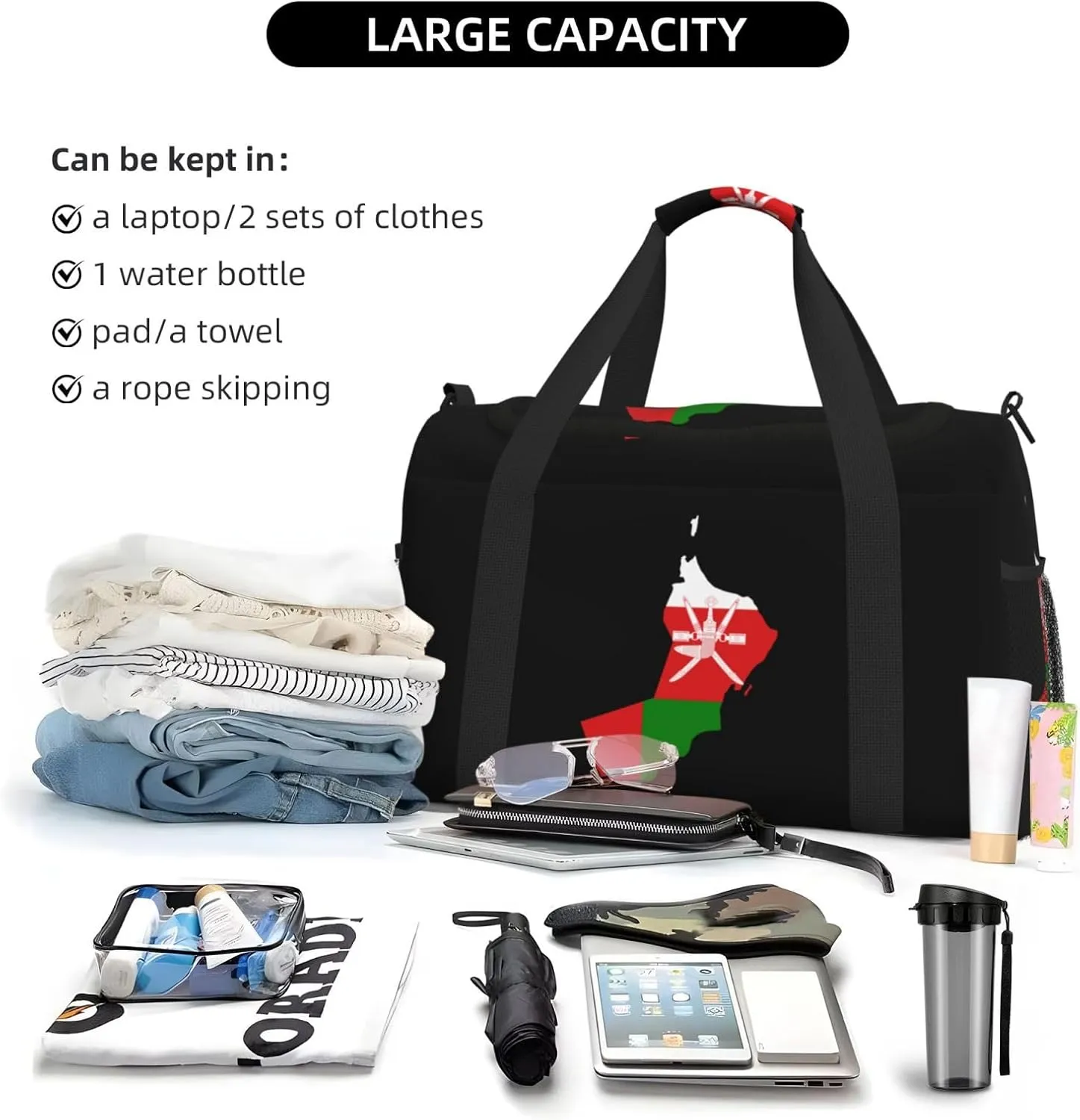 Flag Map Of Oman Travel Duffel Bag Large Foldable Waterproof Overnight Bag For Beach Swim Bags Pool Sports Gym