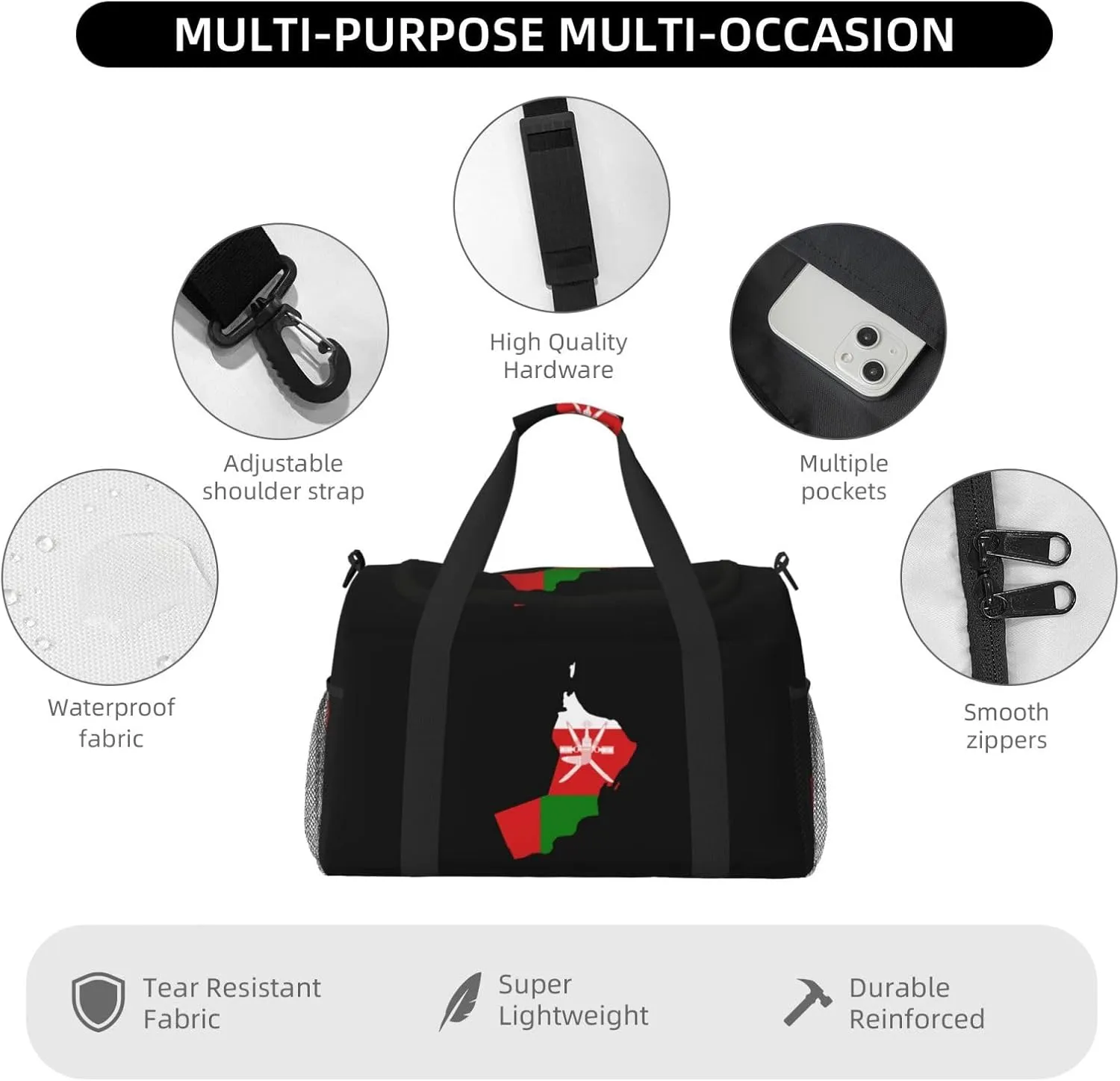 Flag Map Of Oman Travel Duffel Bag Large Foldable Waterproof Overnight Bag For Beach Swim Bags Pool Sports Gym