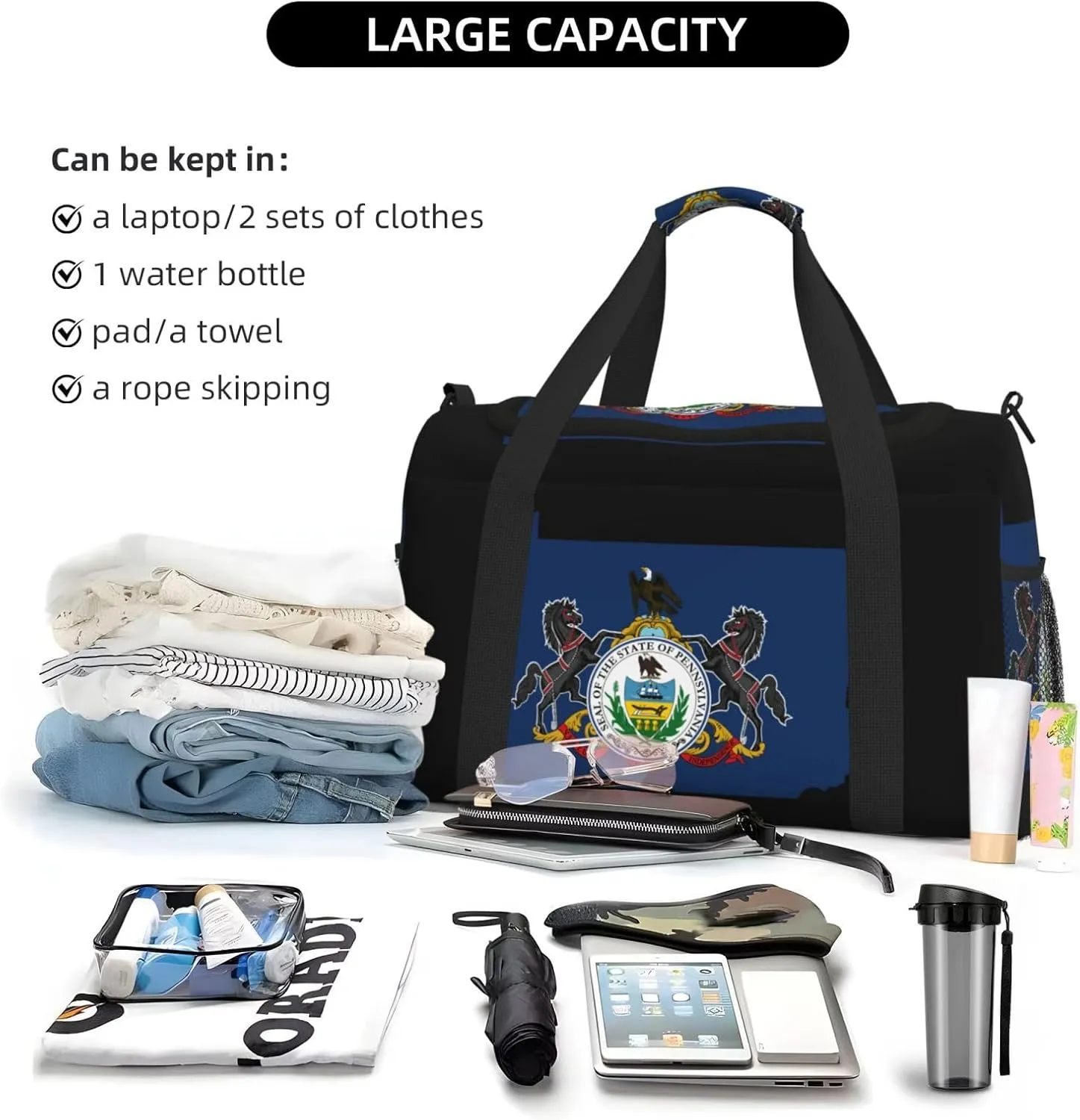Flag Map Of Pennsylvania Travel Duffel Bag Large Foldable Waterproof Overnight Bag For Beach Swim Bags Pool Sports Gym