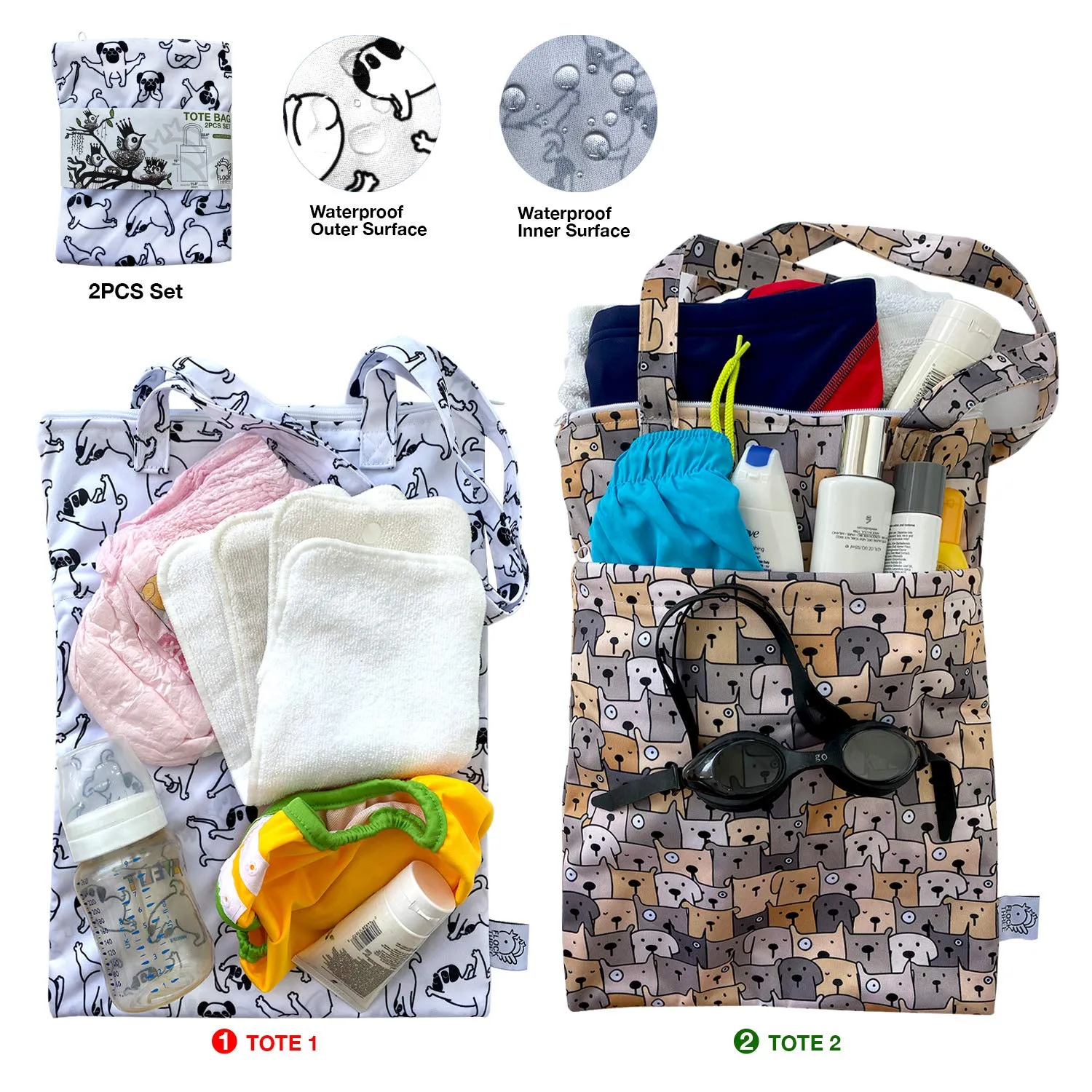 FLOCK THREE 2pcs Wet Dry Bag Waterproof Tote Reusable Wet Clothes Baby Diapers Stroller Swimsuit Travel Small Larger Electronics Toiletries Pouch Cute Dogs