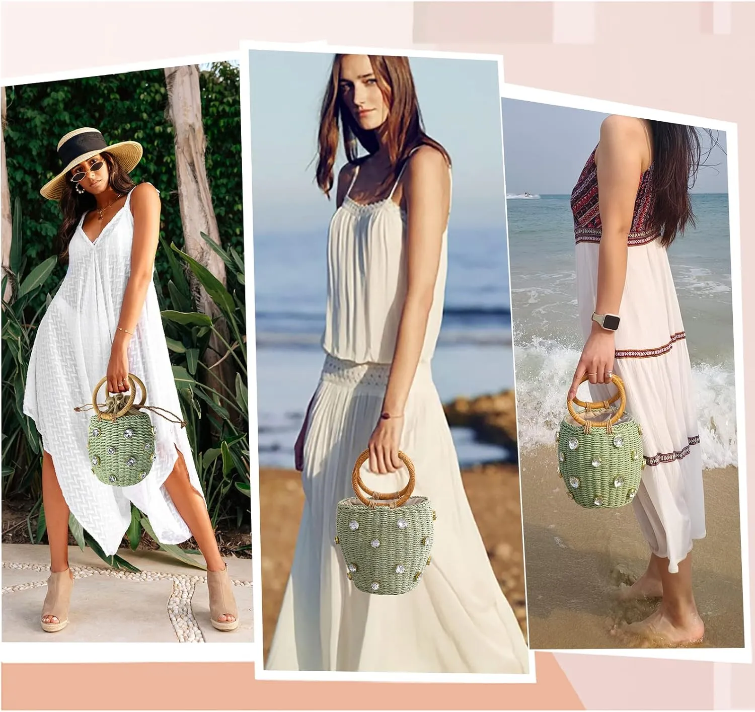 Flower Pearls Rattan Tote Bag Summer Beach Drawstring Straw Bucket Bag Diamonds Woven Handbag