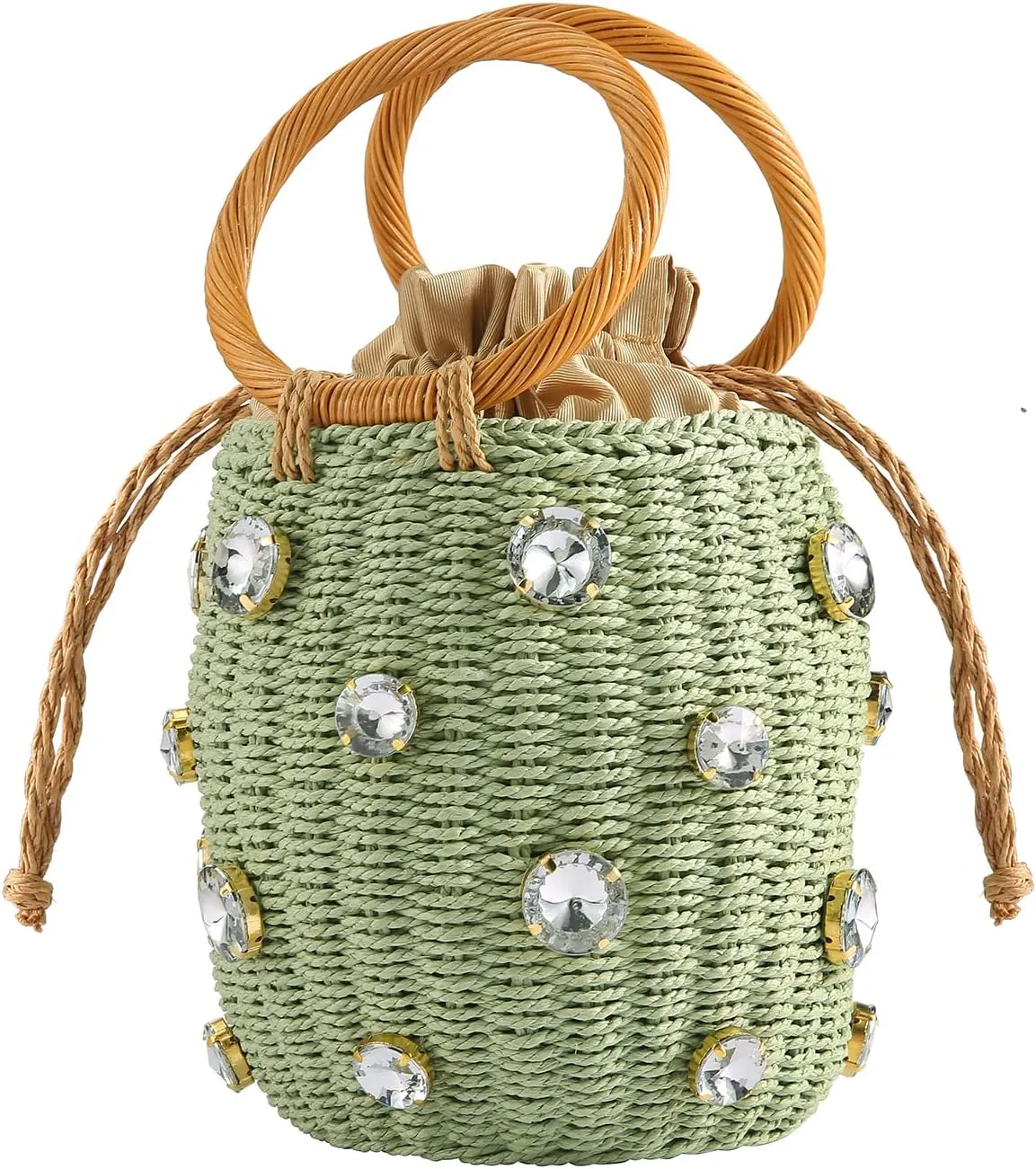 Flower Pearls Rattan Tote Bag Summer Beach Drawstring Straw Bucket Bag Diamonds Woven Handbag