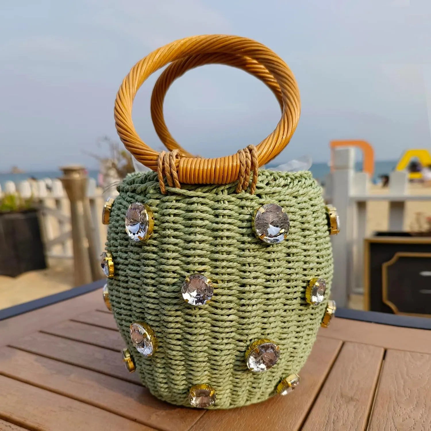 Flower Pearls Rattan Tote Bag Summer Beach Drawstring Straw Bucket Bag Diamonds Woven Handbag