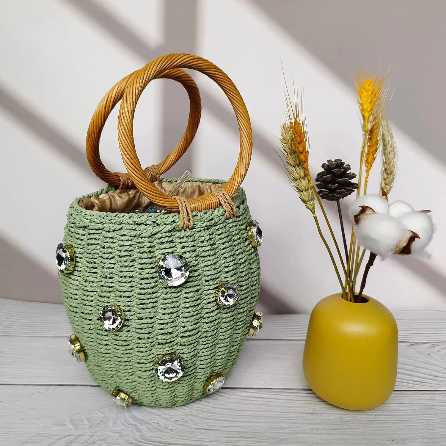 Flower Pearls Rattan Tote Bag Summer Beach Drawstring Straw Bucket Bag Diamonds Woven Handbag