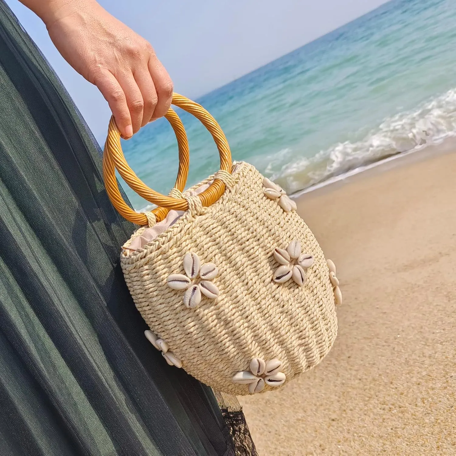 Flower Pearls Rattan Tote Bag Summer Beach Drawstring Straw Bucket Bag Diamonds Woven Handbag