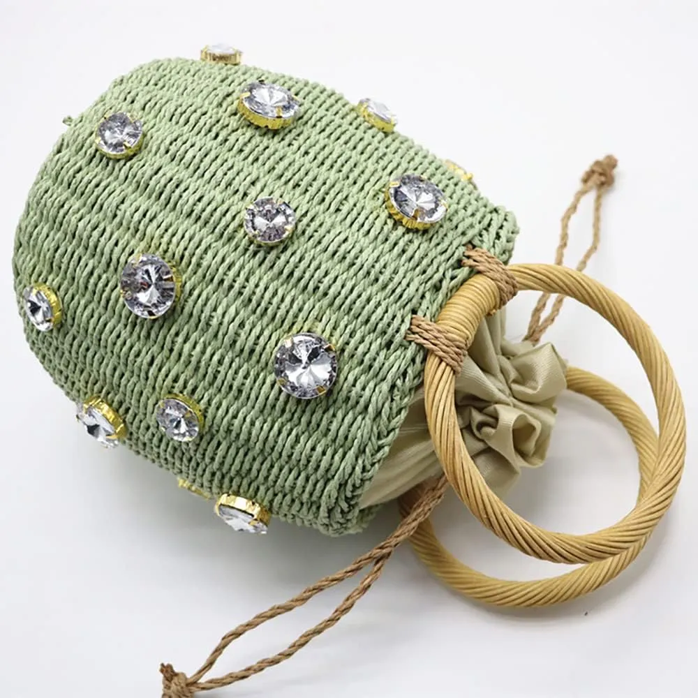 Flower Pearls Rattan Tote Bag Summer Beach Drawstring Straw Bucket Bag Diamonds Woven Handbag