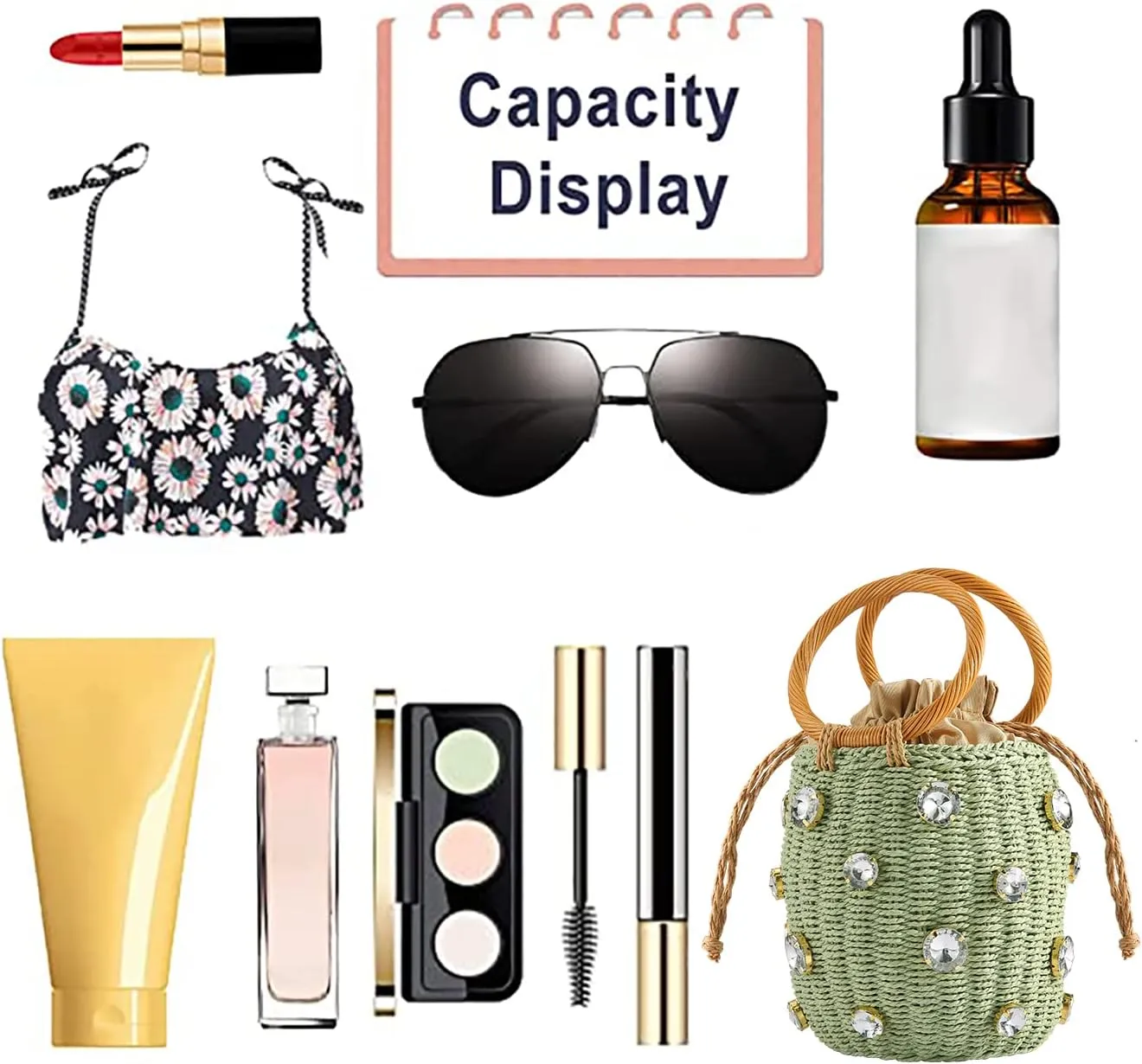 Flower Pearls Rattan Tote Bag Summer Beach Drawstring Straw Bucket Bag Diamonds Woven Handbag