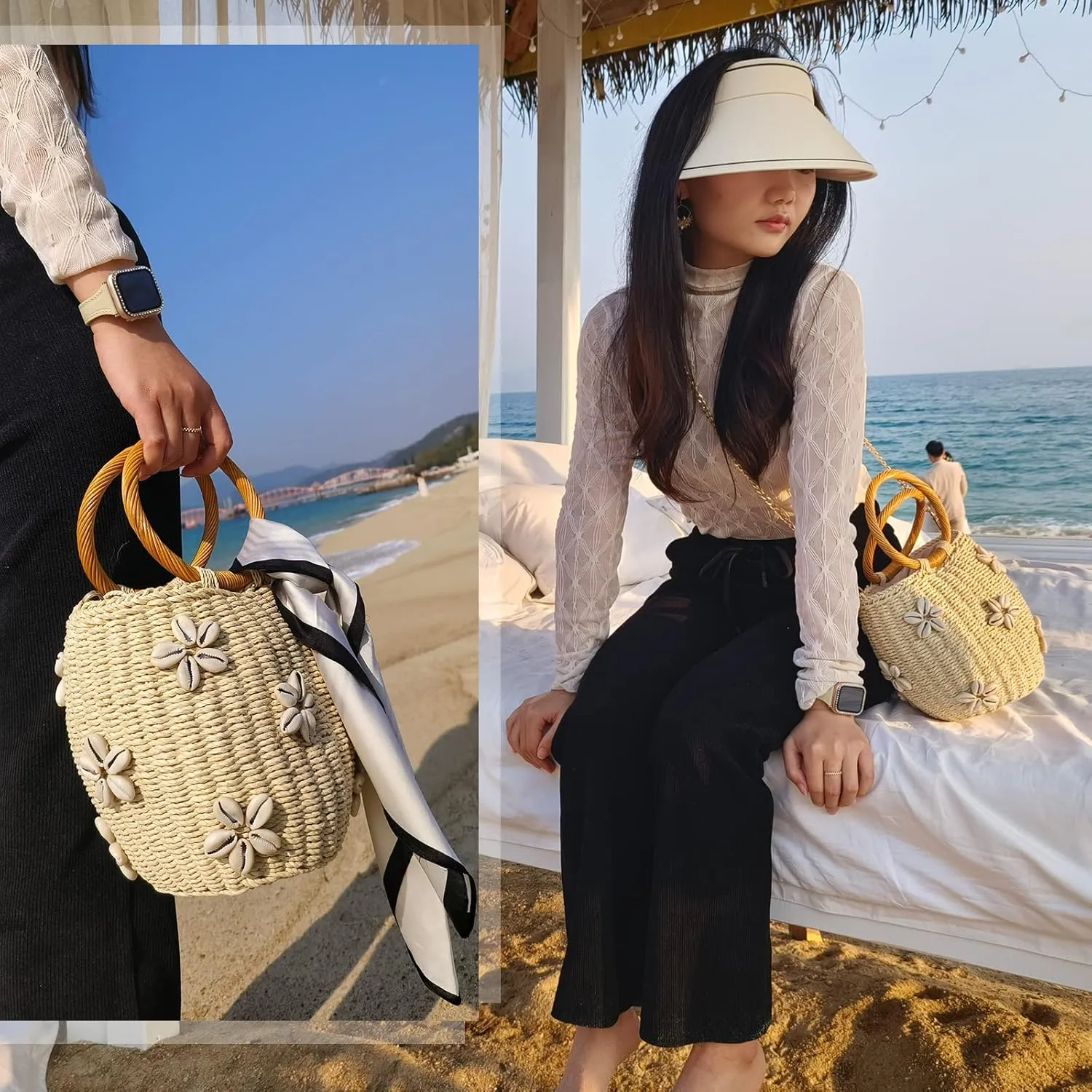 Flower Pearls Rattan Tote Bag Summer Beach Drawstring Straw Bucket Bag Diamonds Woven Handbag