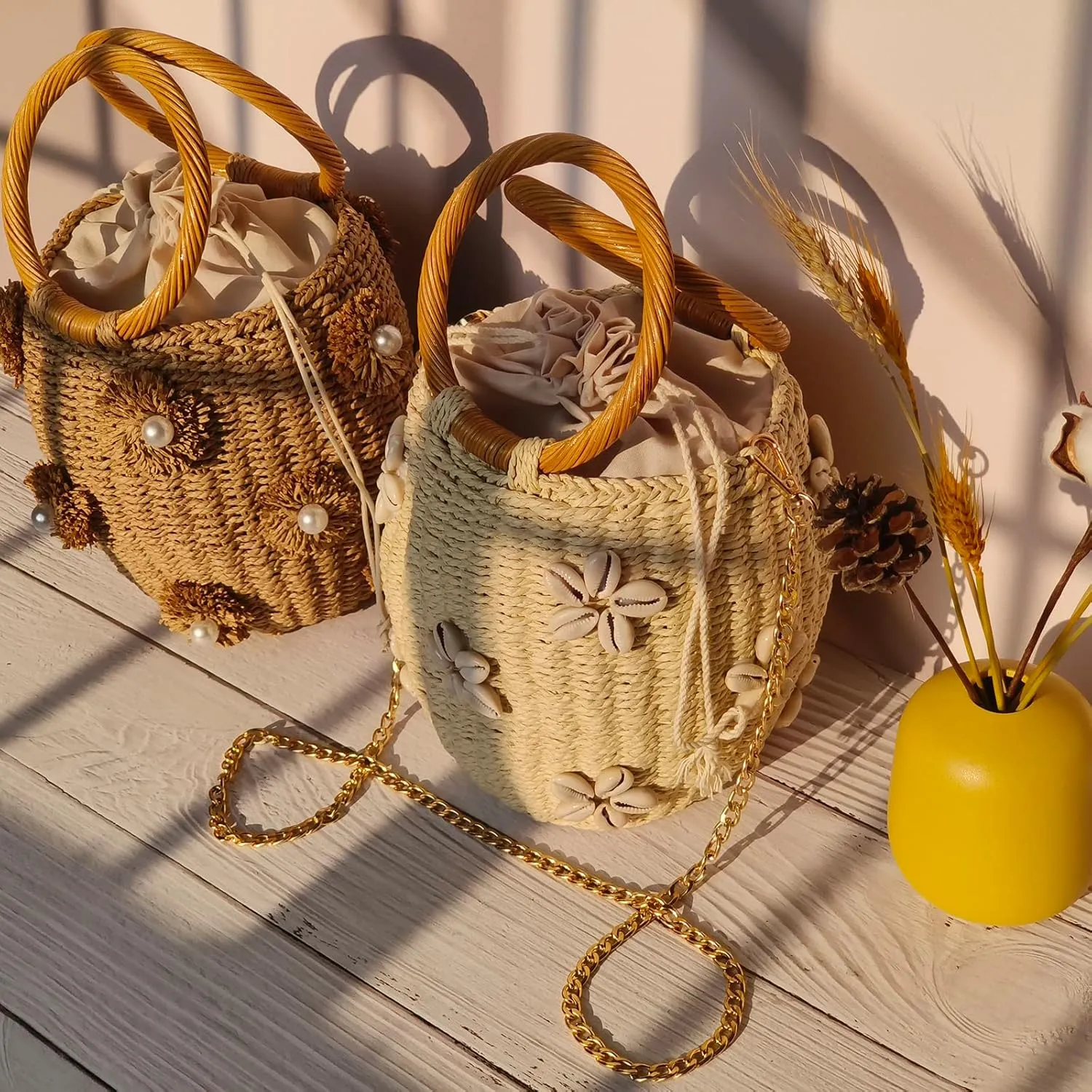 Flower Pearls Rattan Tote Bag Summer Beach Drawstring Straw Bucket Bag Diamonds Woven Handbag