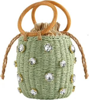Flower Pearls Rattan Tote Bag Summer Beach Drawstring Straw Bucket Bag Diamonds Woven Handbag