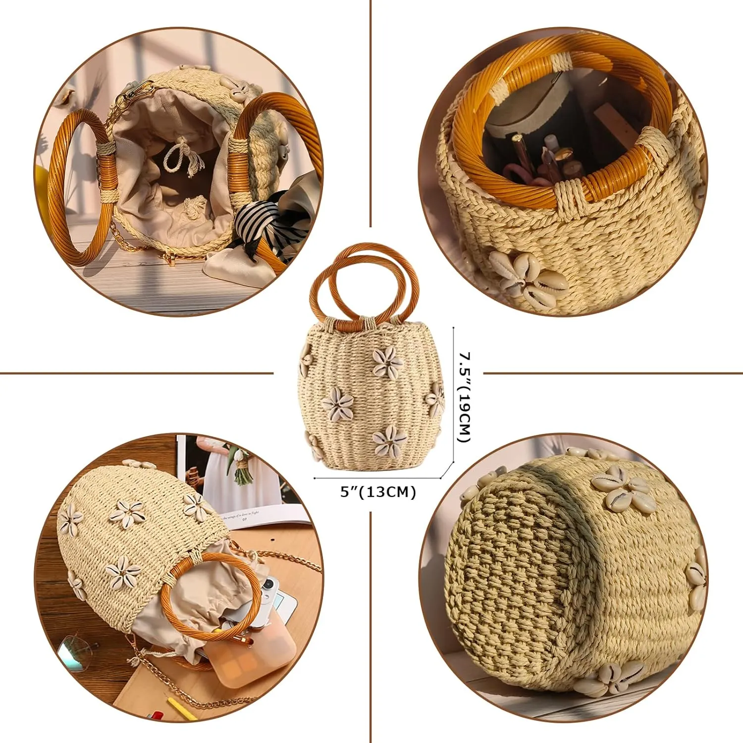 Flower Pearls Rattan Tote Bag Summer Beach Drawstring Straw Bucket Bag Diamonds Woven Handbag