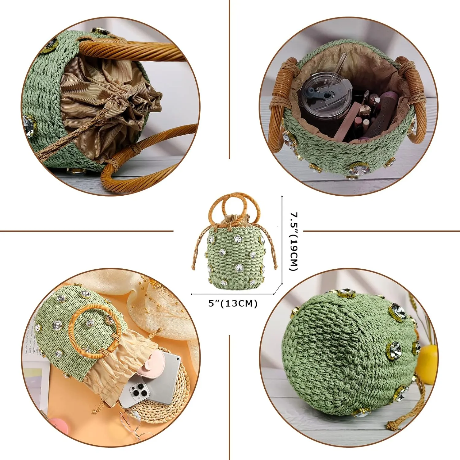 Flower Pearls Rattan Tote Bag Summer Beach Drawstring Straw Bucket Bag Diamonds Woven Handbag